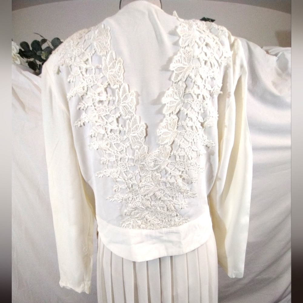 Midi Dress+Jacket, Vintage Open Crop, Long Sleeve, Ivory, Lace, Pleats, Straps,8 - Picture 7 of 16